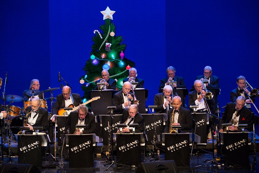 Pictured: Some of the musicians of the Big Band Alumni performing on stage at the historic El Portal Theater’s Big Band Holiday Show.