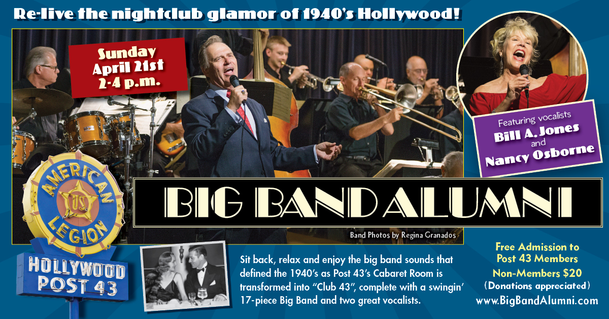 Big Band Alumni Sunday Series, Hollywood Post 43 American Legion, coming April 21, 2024