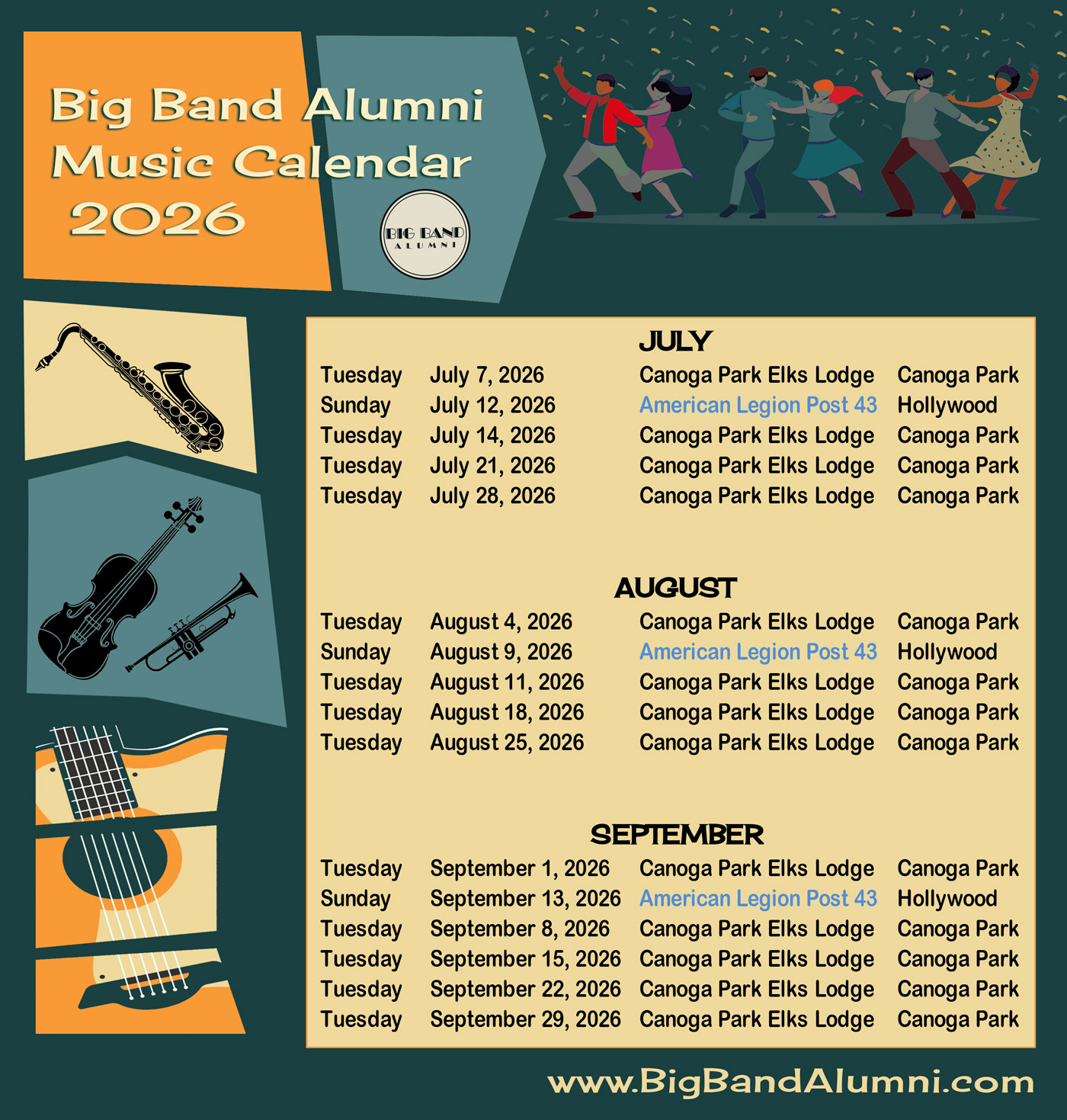 Big Band Alumni Los Angeles Musicians Event Calendar July August September 2026