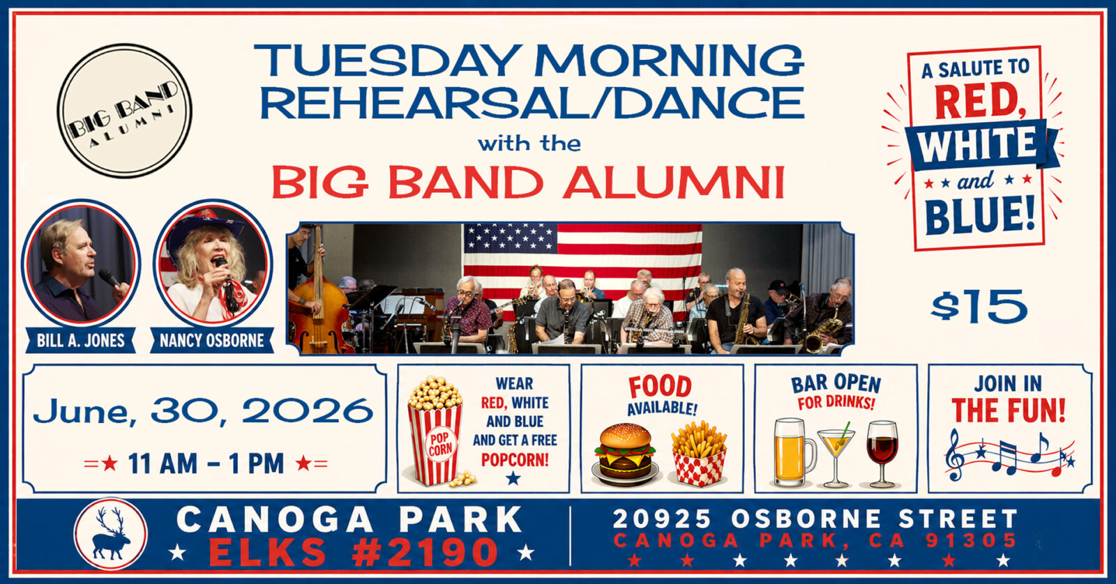 Big Band Alumni Tuesday Morning Band Rehearsal and Swing Dancing Canoga Park Elks Lodge 11am-1pm June 30-2026